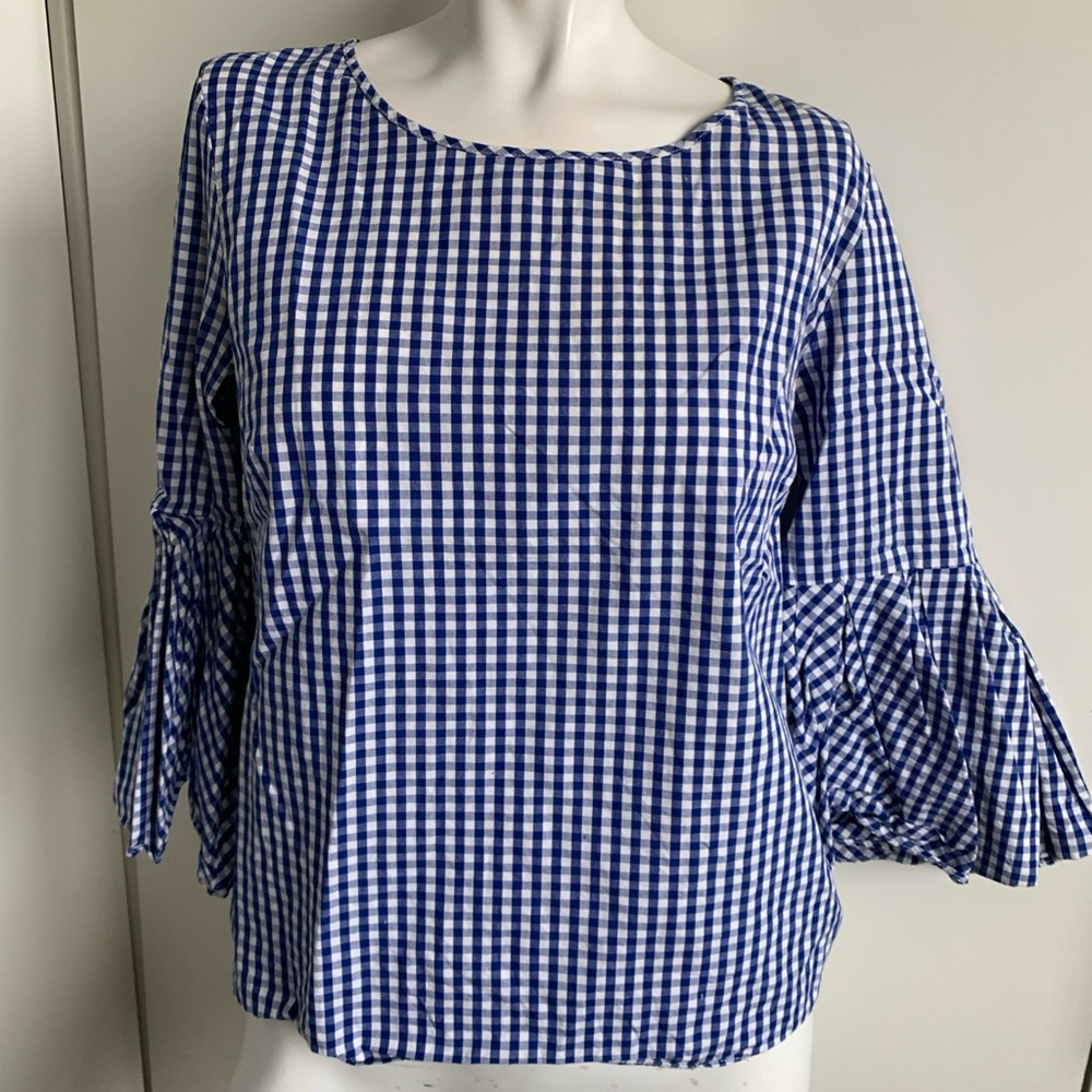 Jane and Delancey size small blue check gingham 3/4 sleeve peasant blouse